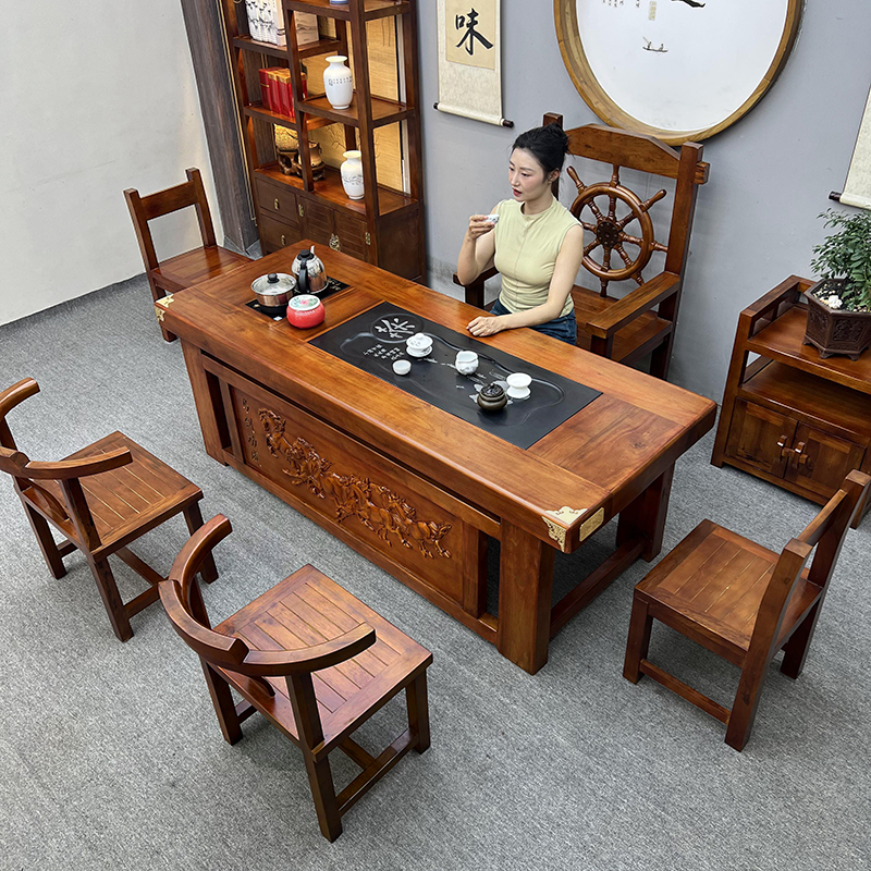 老船木茶桌现代家用套装茶桌烧水壶一体嵌入式茶几实木办公室茶台