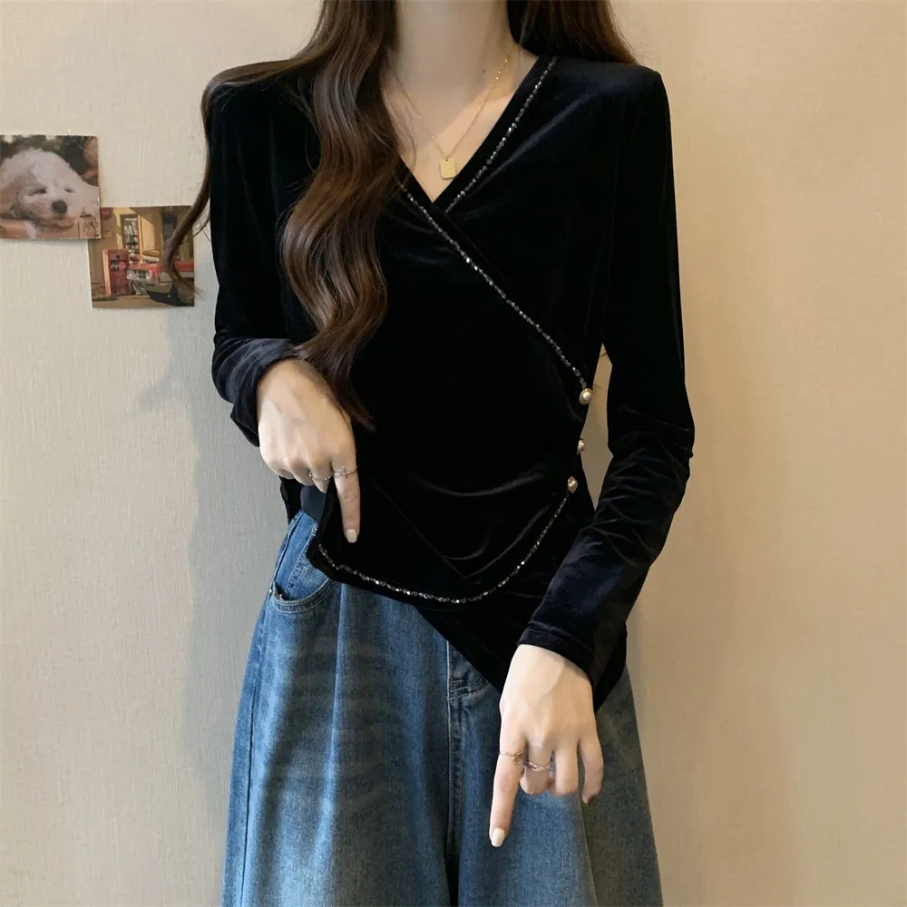 （运费补贴）秋冬金丝绒v领长袖T恤胖mm显瘦高级感内搭打底衫上衣