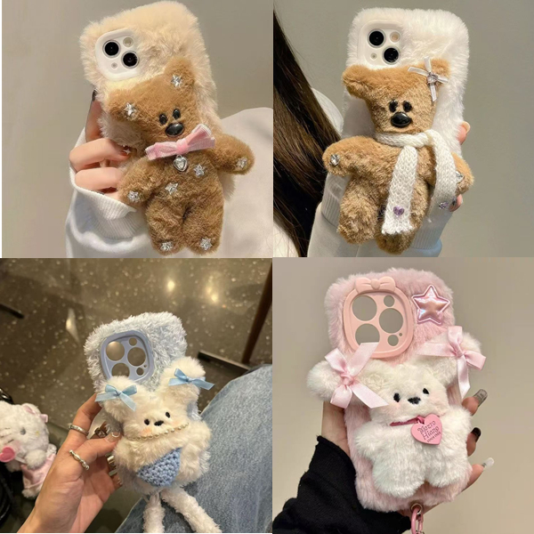 秋冬毛绒卡通少女小狗手机壳神器适用苹果16全包防摔数码可爱设计