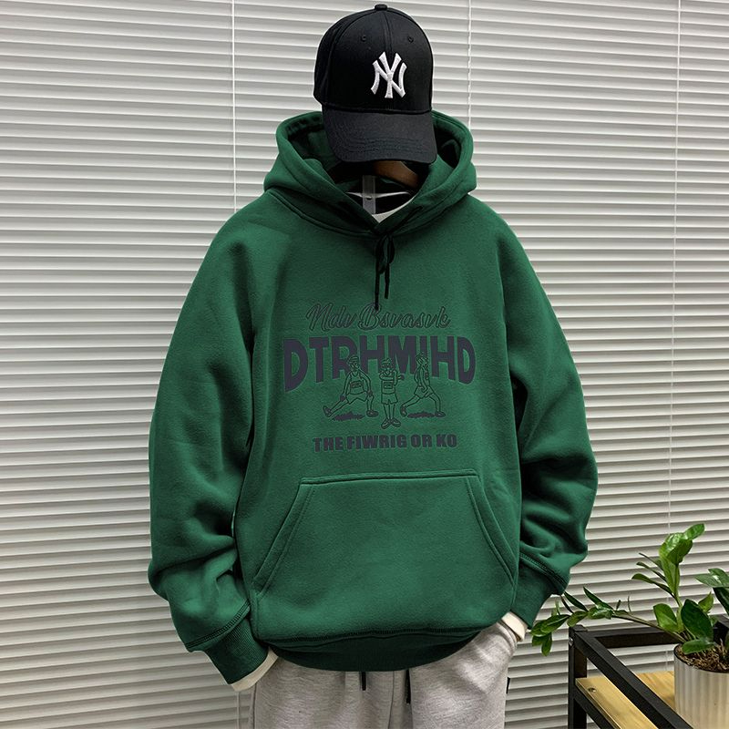 时尚百搭绿色青年宽松外套加绒加厚卫衣重磅连帽男秋季女白色创意