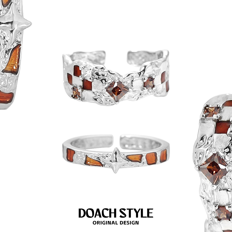 925银戒指 棋盘格S925纯银情侣戒指小众设计开口可调食指戒不掉色