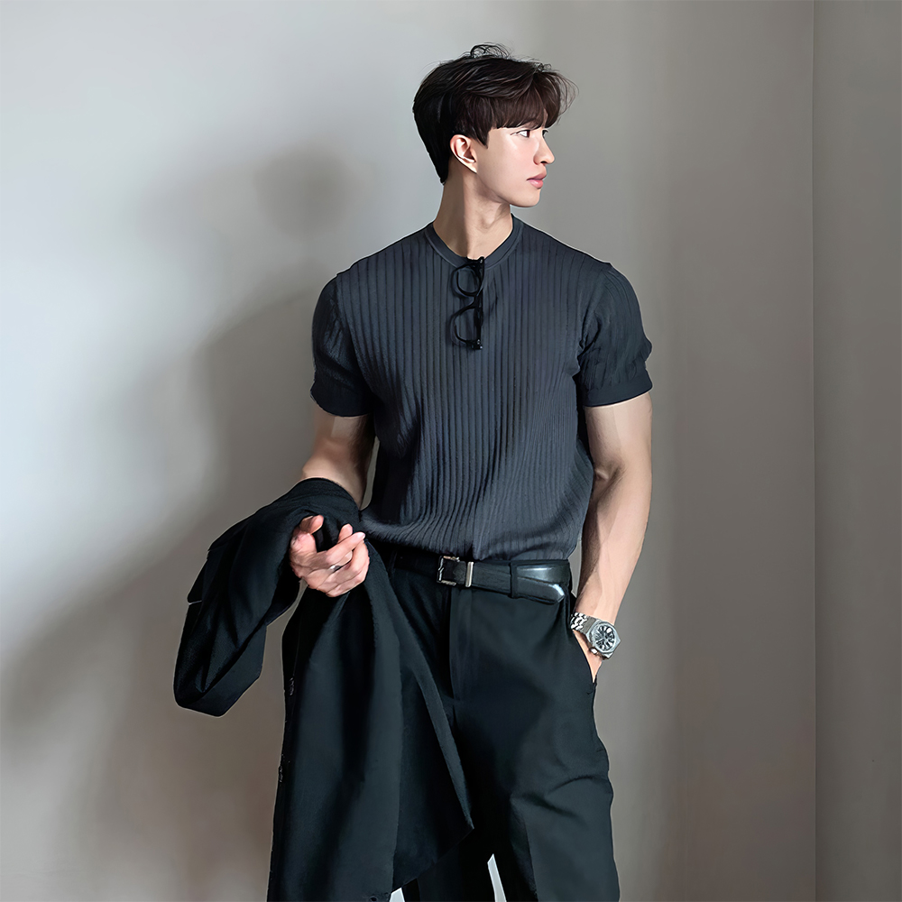 针织衫衬衫短袖t恤男潮牌韩版百搭修身2025年圆领弹力薄款上衣
