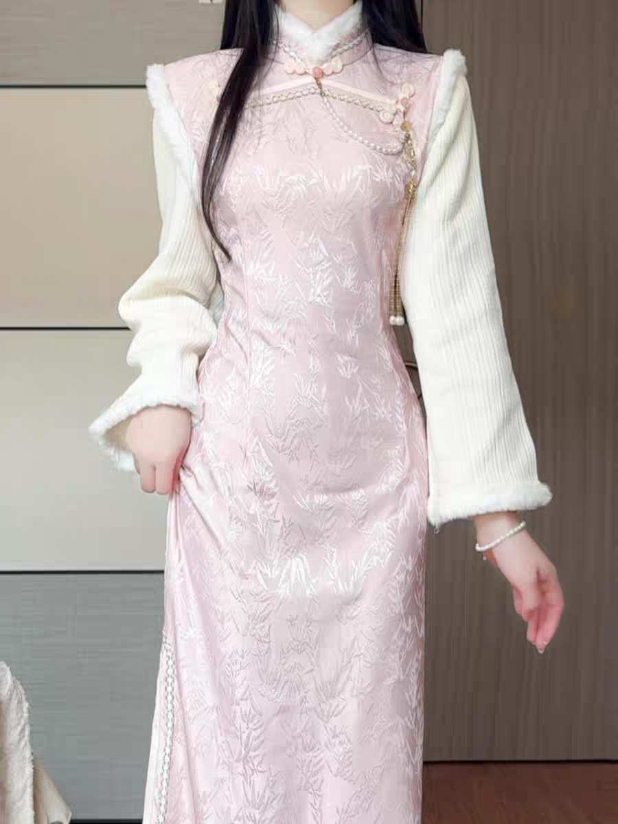 （芳菲）加绒新中式旗袍中国风秋冬季加厚气质日常长袖冬款少女长款