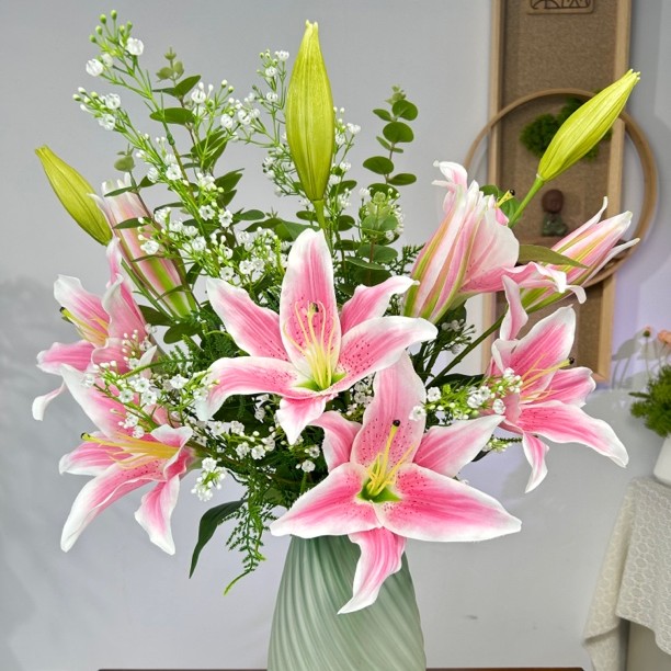 田园仿真花百合满天星尤加利花束家居装饰花假花餐桌茶几飘窗花艺