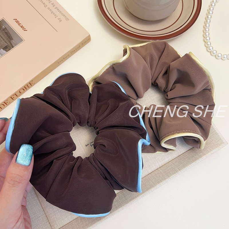 韩版小众气质复古仿皮布艺镶边大肠发圈百搭撞色马尾发绳头绳头花