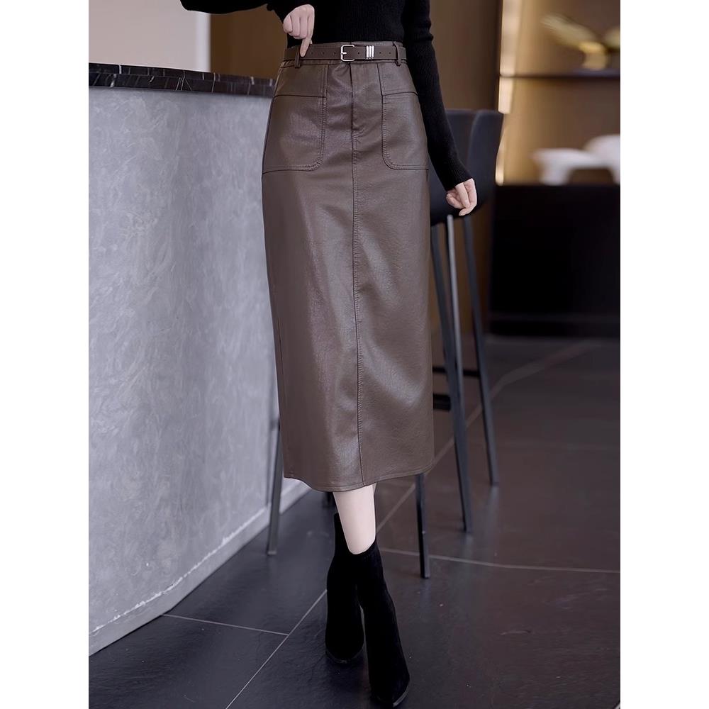 皮裙半身裙女秋冬加绒2025新款高腰显瘦中长款直筒开叉包臀一步裙