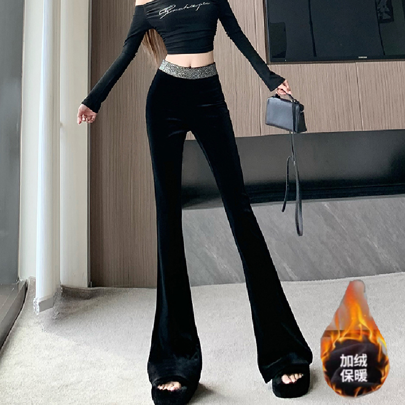 设计感烫钻气质丝绒喇叭裤女加绒秋冬2024爆款轻奢高腰显瘦拖地裤