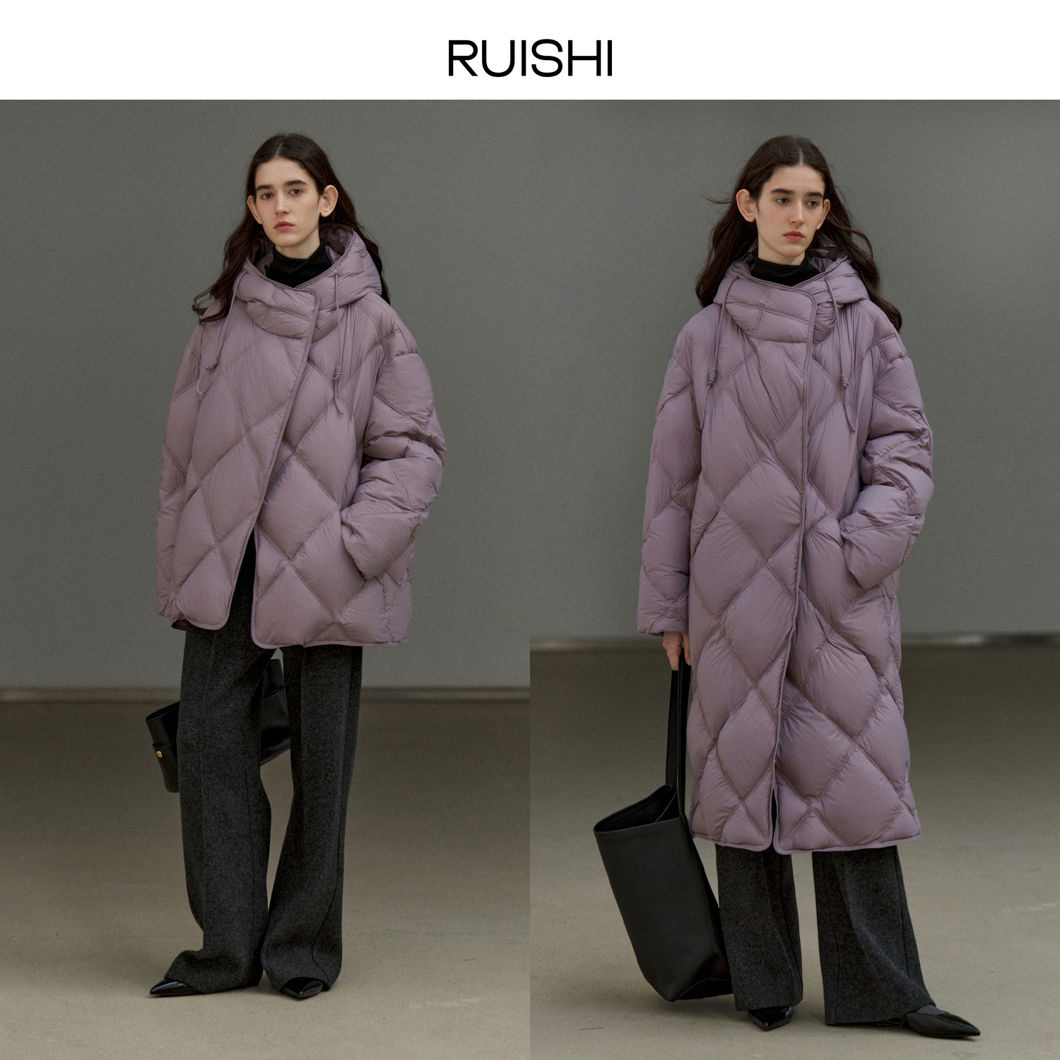RUISHI芮时 90白鸭绒云朵泡芙菱形格中长款保暖连帽羽绒服女冬