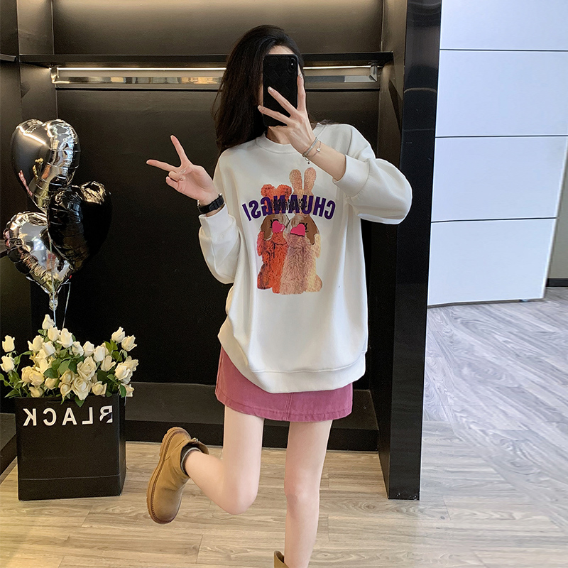 韩版上衣秋冬新款时尚洋气百搭女装洋气白色圆领宽松显瘦卫衣潮