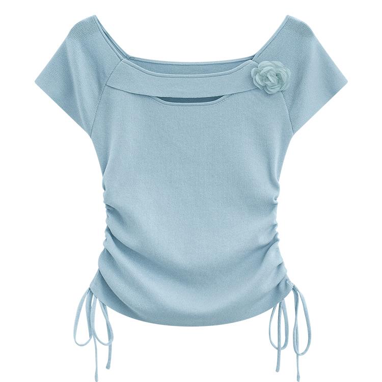 小清新纯色针织衫夏季新款抽绳收腰显瘦气质方领 上衣百搭短袖t恤