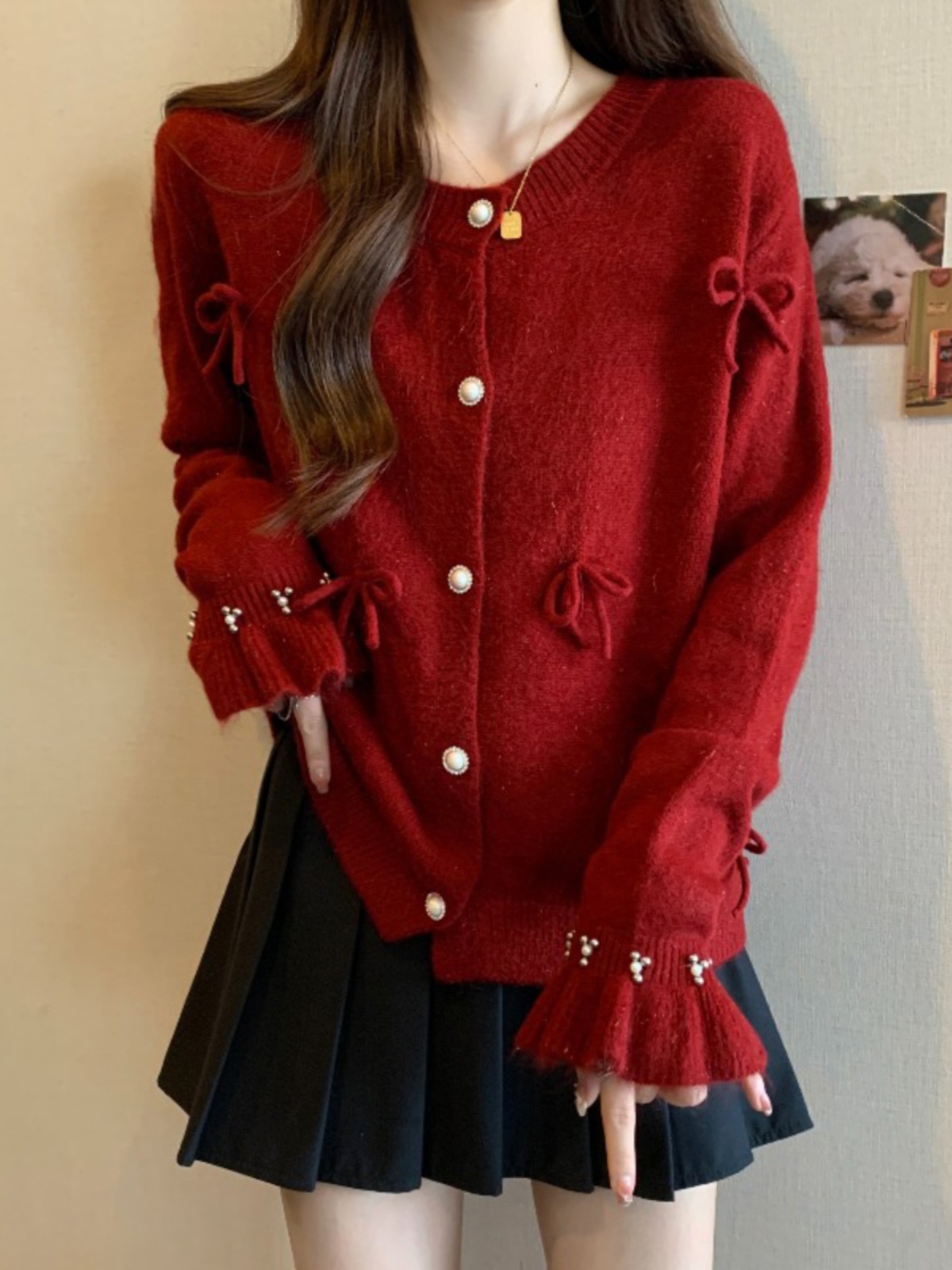 蝴蝶结超好看安哥拉红色毛衣外套女秋冬大码胖mm软糯针织开衫上衣