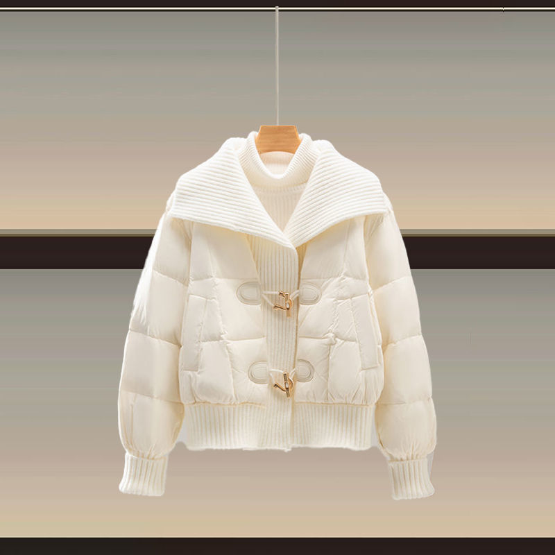 冬季大码女装2025新款时尚百搭减龄保暖翻领洋气针织拼接棉服外套