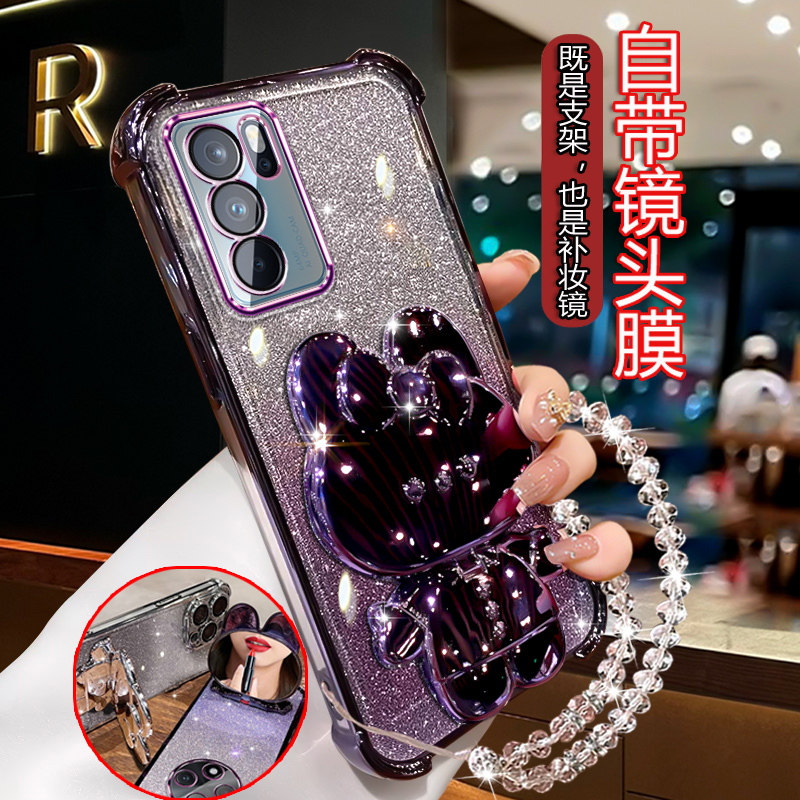 适用OPPOReno6 5G手机壳女潮PEQM00新款闪粉opreno曲屏rno6保护套