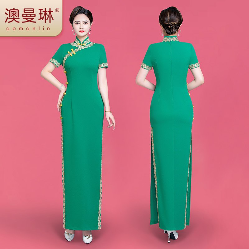 澳曼琳新款旗袍高端气质修身长款改良复古中国风演出服女