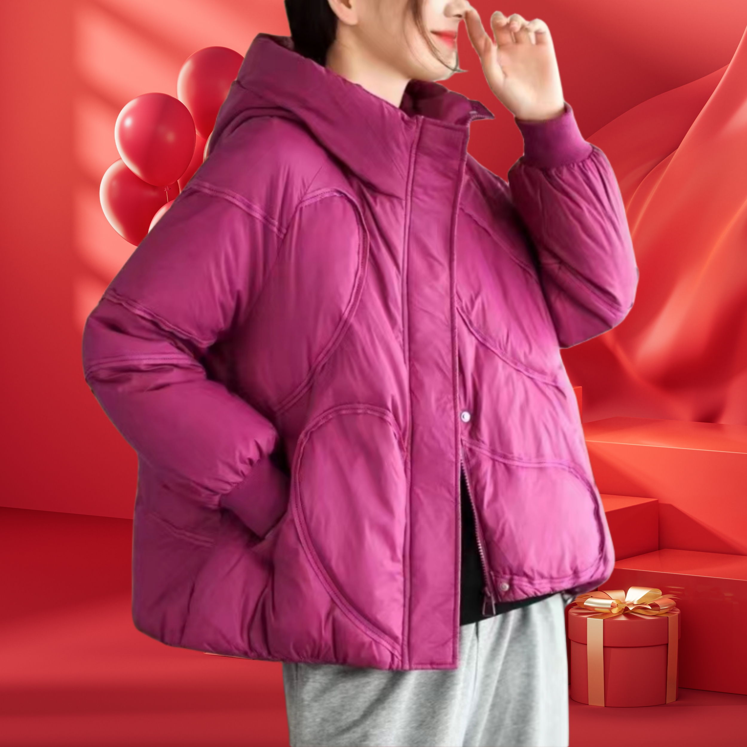 桃心连帽加厚高品质羽绒服女冬高档宽松减龄妈妈装加厚加绒羽绒服