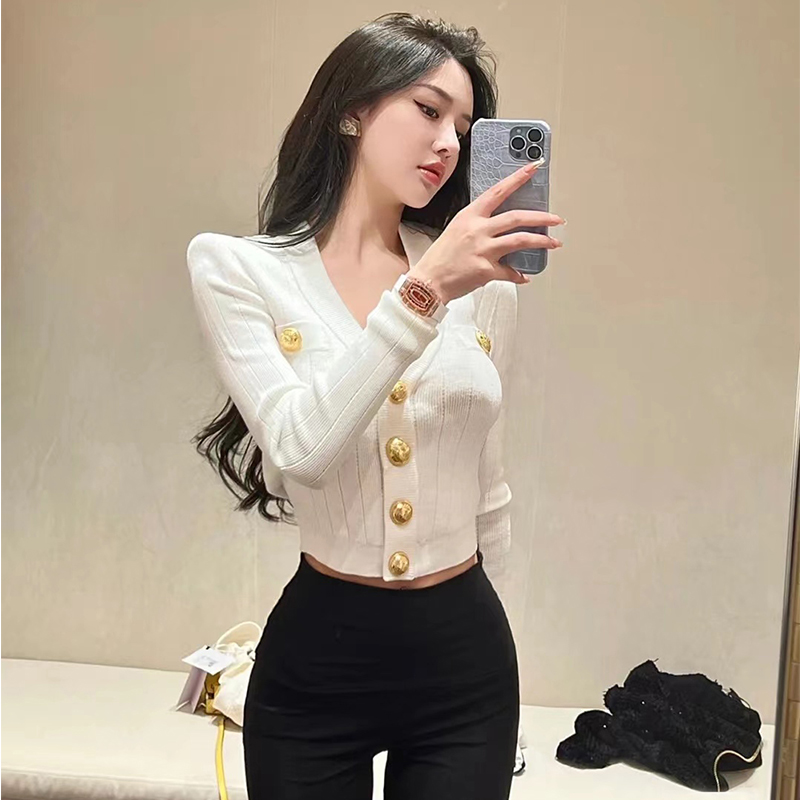 夏娃徐睿知杨采钰同款垫肩上衣法式小香风V领针织开衫毛衣外套秋