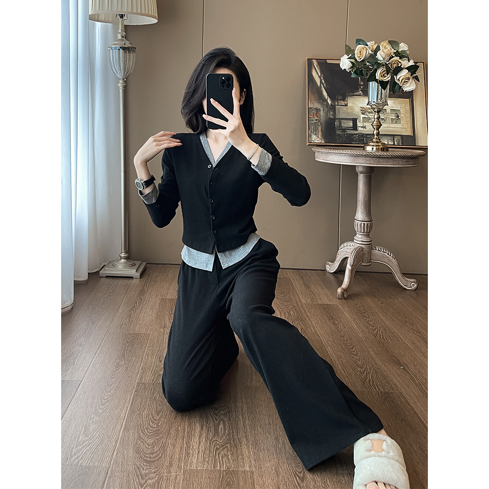 韩版高级感休闲运动套装女秋显瘦假两件开衫长袖上衣阔腿裤两件套