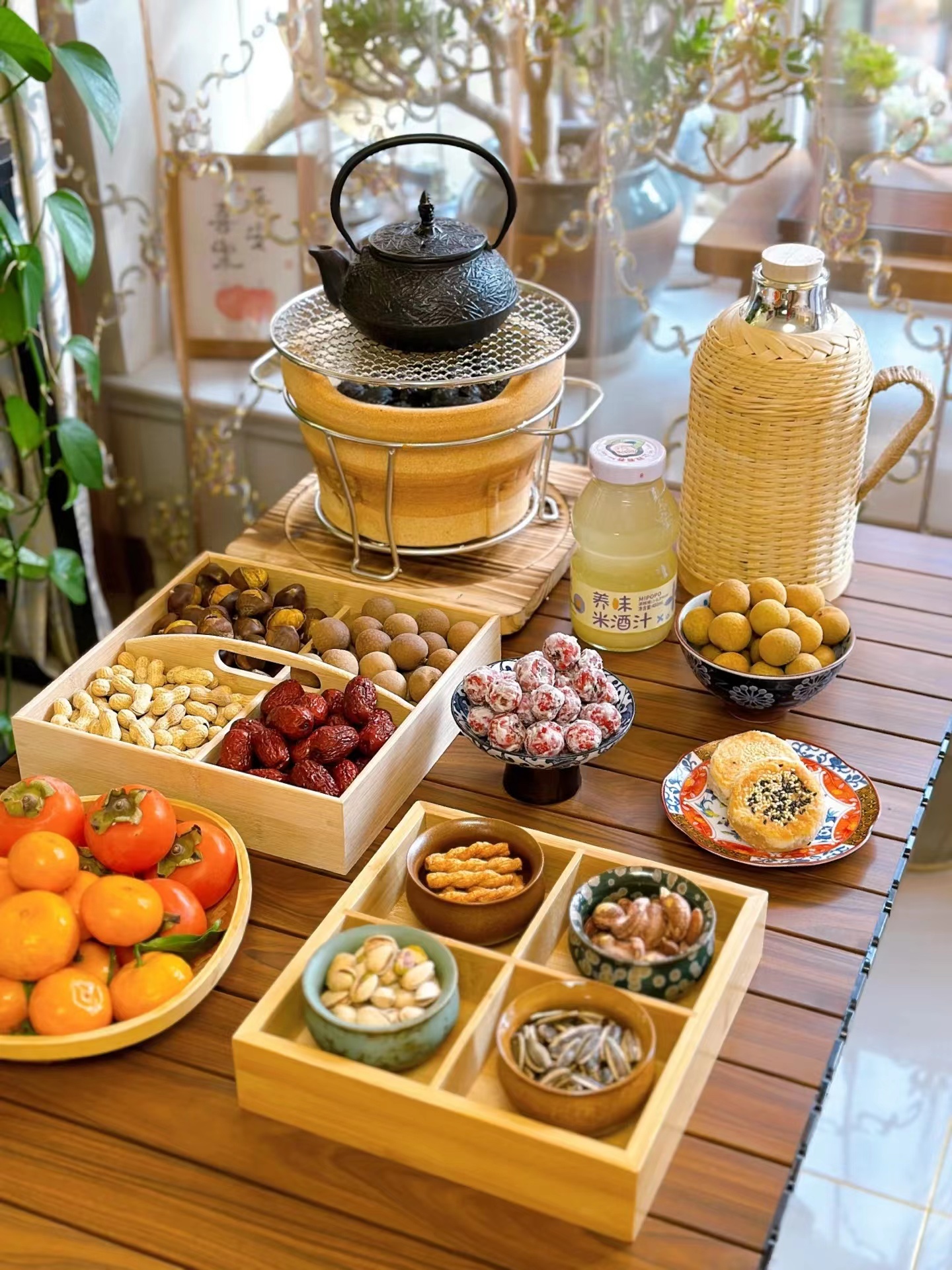 网红家用托盘四宫拼盘九宫格水果盘摆放果盘点心盘竹木质分格碟