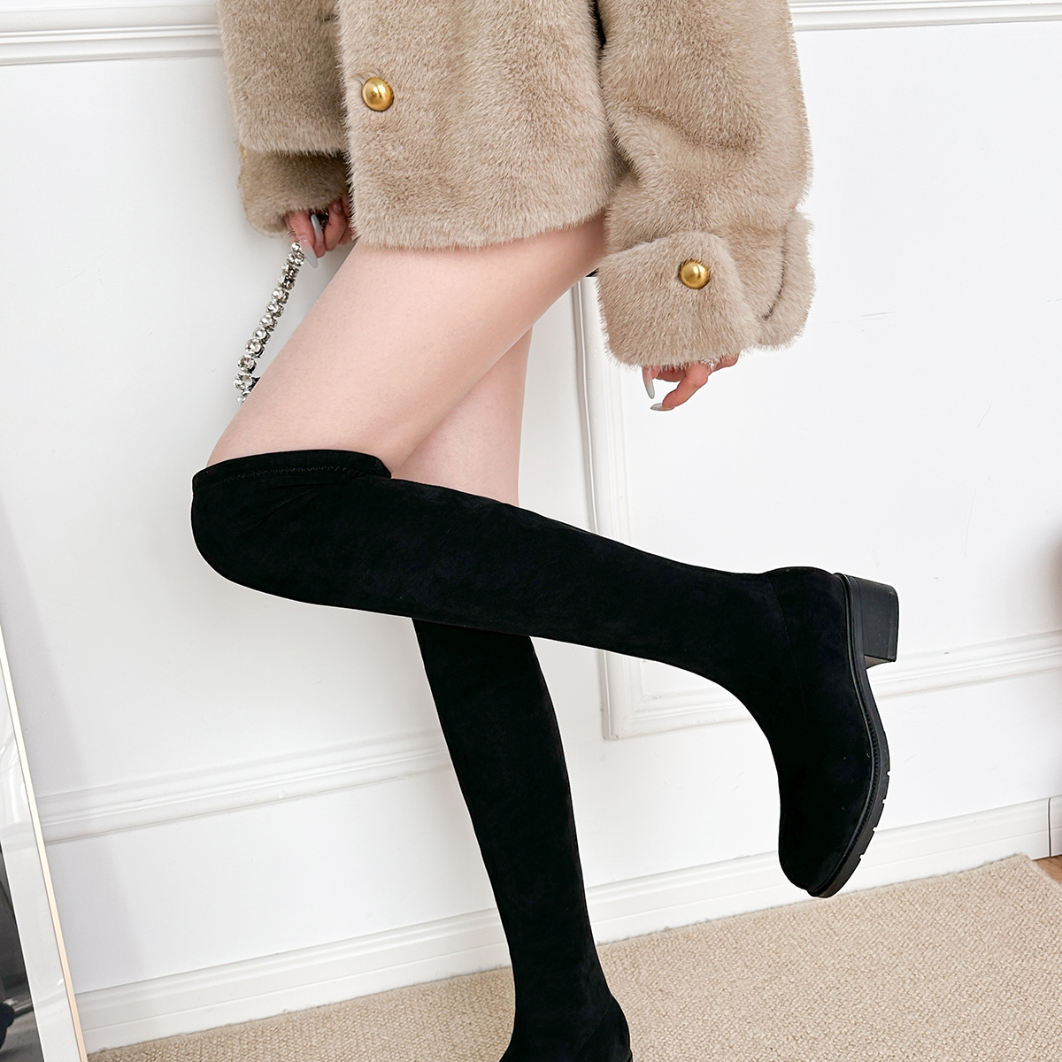 【圆头平底】秋冬新款平底过膝长靴小个子加绒弹力靴粗跟长筒瘦瘦靴