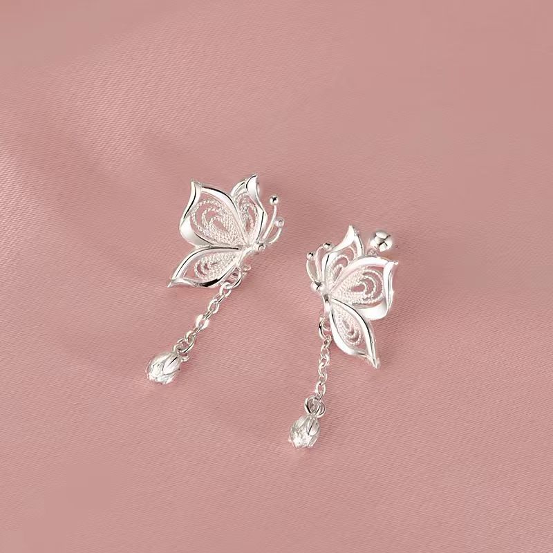 925银耳饰 镂空气质流苏耳钉女小众设计感新中式螺丝银镀耳环