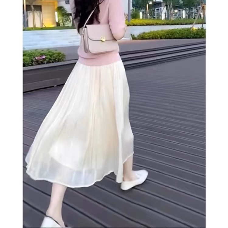 杏色流光半身裙女春夏2025高腰仙女显瘦遮胯垂坠飘逸纱裙a字裙夏