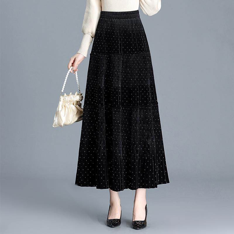 烫钻金丝绒百褶半身裙女秋冬女装新款超仙木耳边拼接垂感大摆裙子