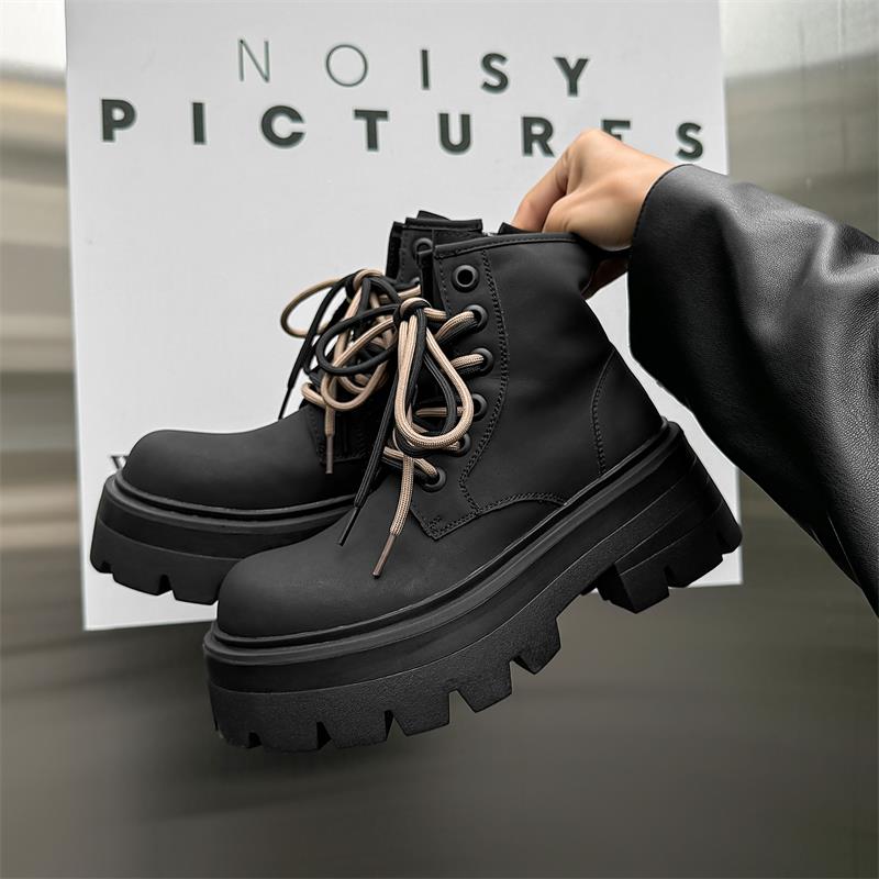 黑色马丁靴男款厚底增高德比鞋高帮大头皮鞋工装机车冬季加绒靴子