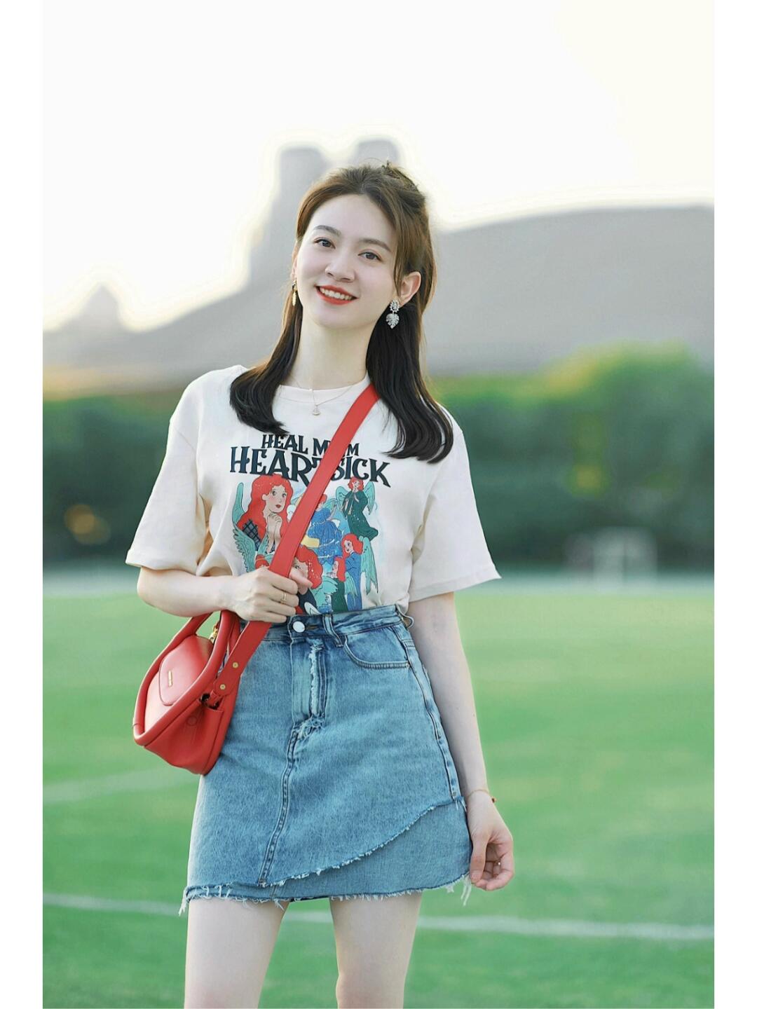 【清梦】0715印花短袖T恤女夏新款宽松小个子上衣不规则牛仔半裙