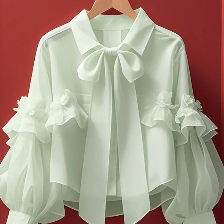 早秋新款上衣女2024古着vintage法式独特漂亮绿色蝴蝶结长袖衬衫