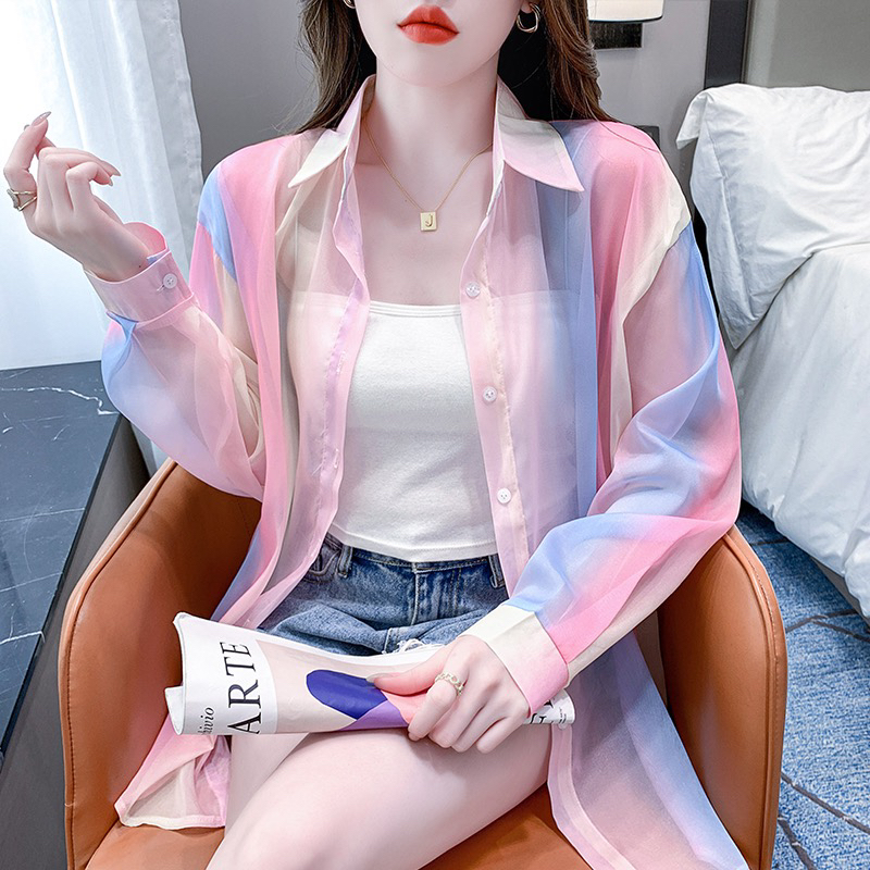 防晒衣女夏季2025新款薄款长袖彩虹衬衫时尚洋气外搭海边开衫外套