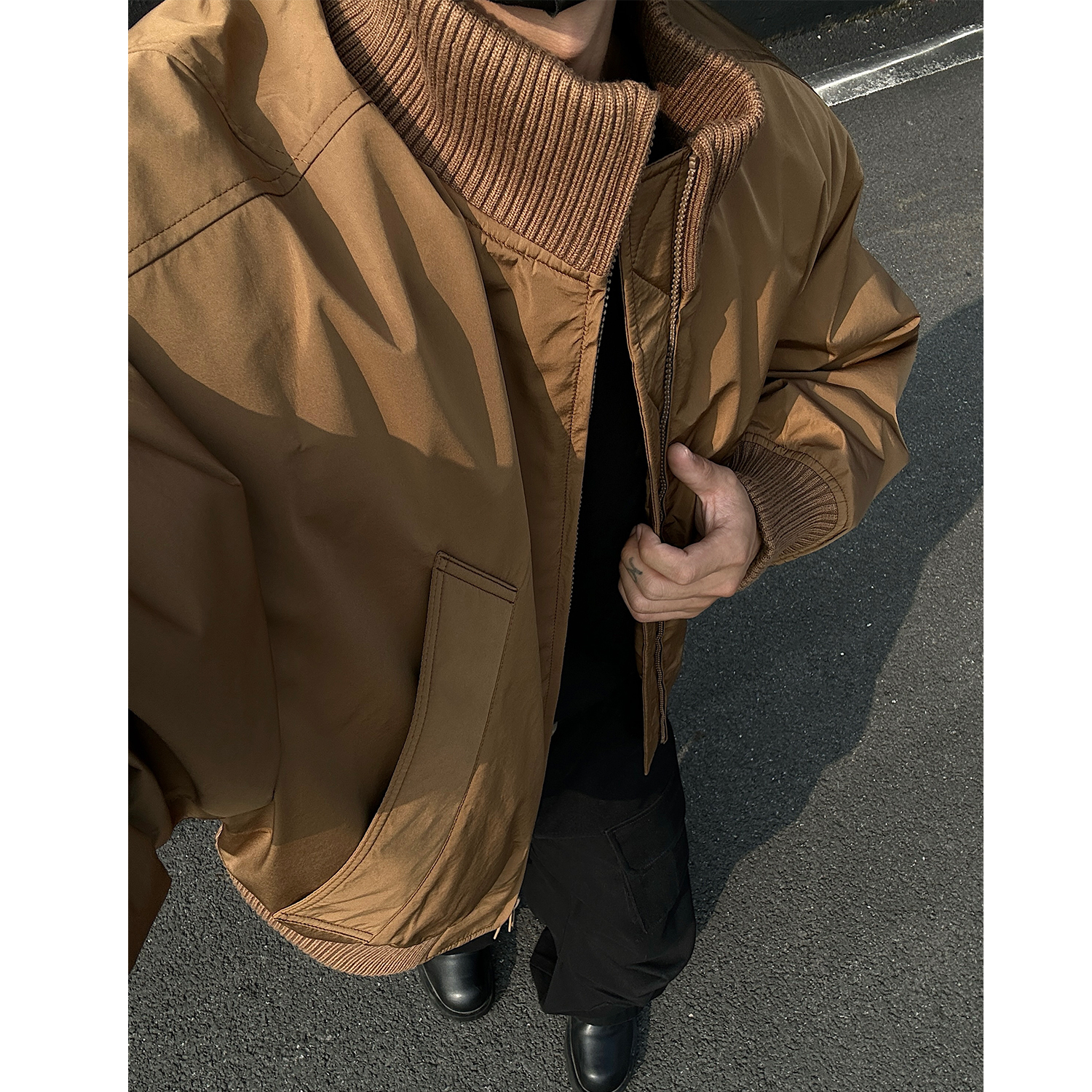 卡其色cleanfit短款廓形飞行员夹克棉服秋冬季立领美式bomber棉衣