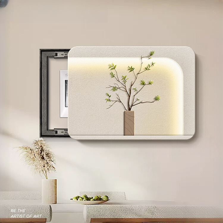 北欧风电表箱装饰画免打孔高级感奶油风带钟表餐厅挂画电箱遮丑画