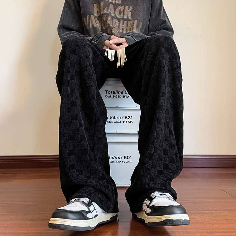 美式复古棋盘格裤子男春秋季新款垂感休闲阔腿裤大码宽松直筒长裤