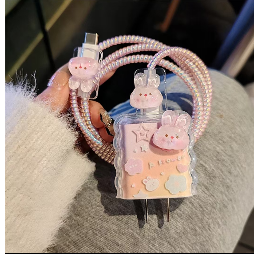 可爱透粉兔苹果15数据线保护套20w快充适用14promax软iPhone12/13