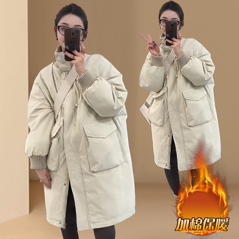欧洲站2025秋冬季时尚立领高腰拉链中长款大口袋加棉棉衣棉服外套