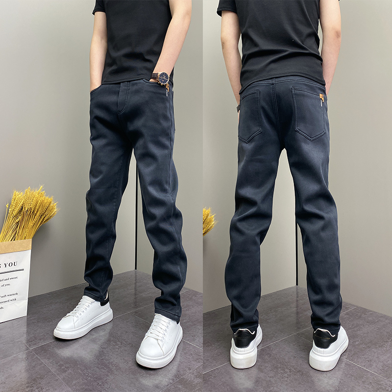 加绒加厚冬季痞帅男士青年水洗黑色直筒长裤修身小脚休闲牛仔裤子