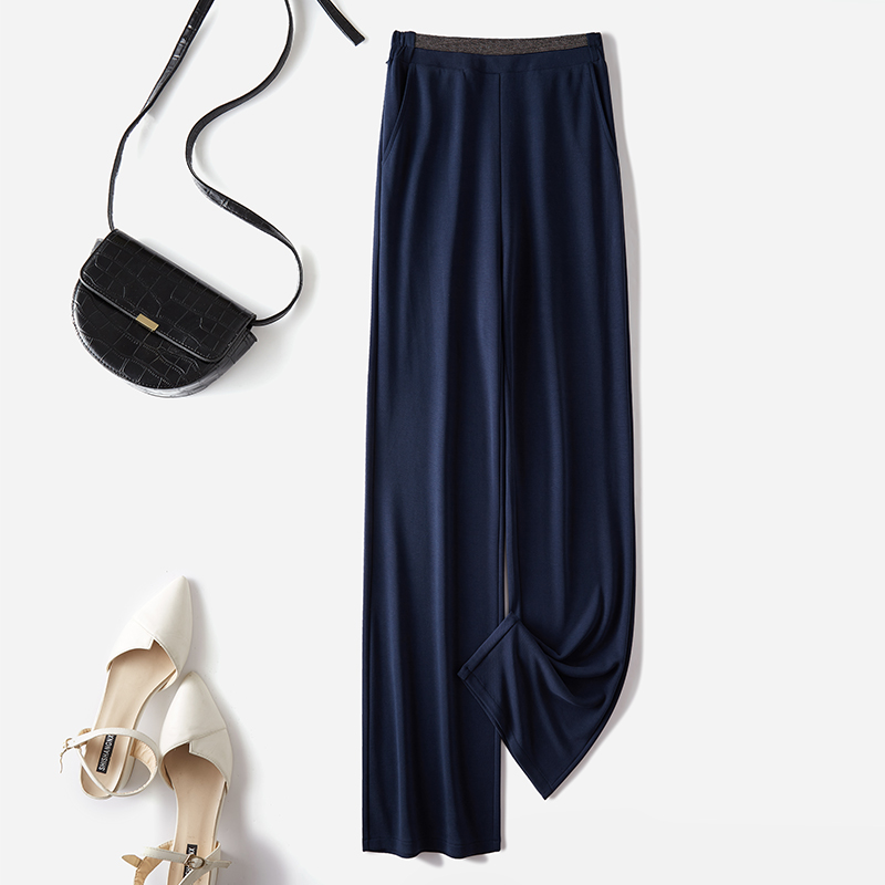 铜氨丝藏蓝色裤子女夏季薄款高腰垂感直筒裤2025新款窄版阔腿长裤