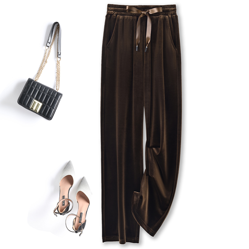 高端金丝绒阔腿裤女2025春秋新款垂坠感高腰窄版直筒丝绒宽松裤子