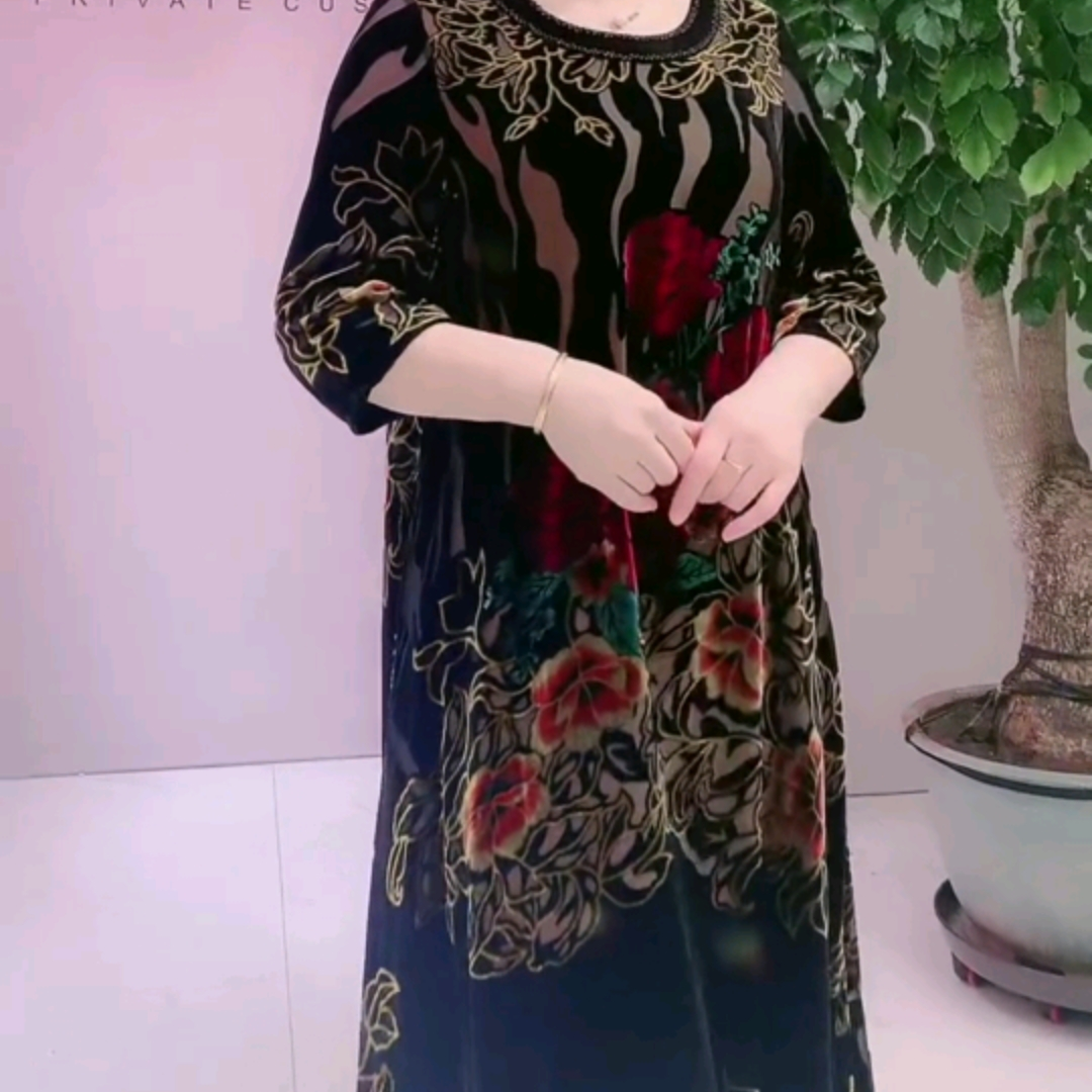 圆领手工串珠装桑蚕丝植绒提花夏季大码洋气不显老妈妈装连衣裙