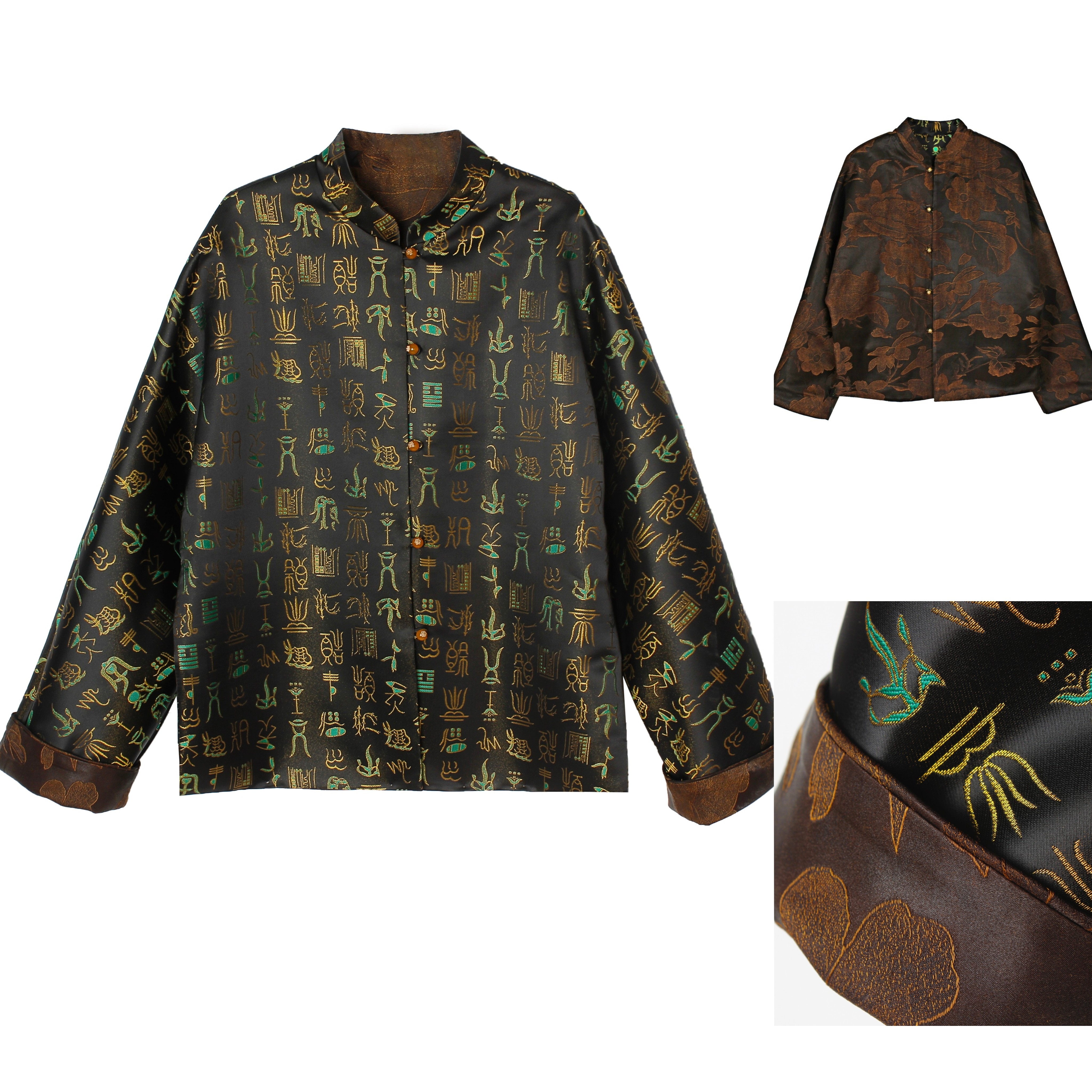 【100%桑蚕丝甲骨文莲花双穿上衣】香云纱皮子重缎+宋锦外套dz154