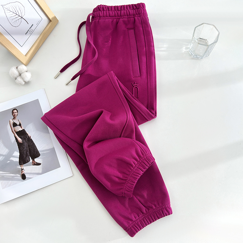 火龙果色运动裤女卫裤全棉束脚小个子九分休闲裤高腰宽松2025新款