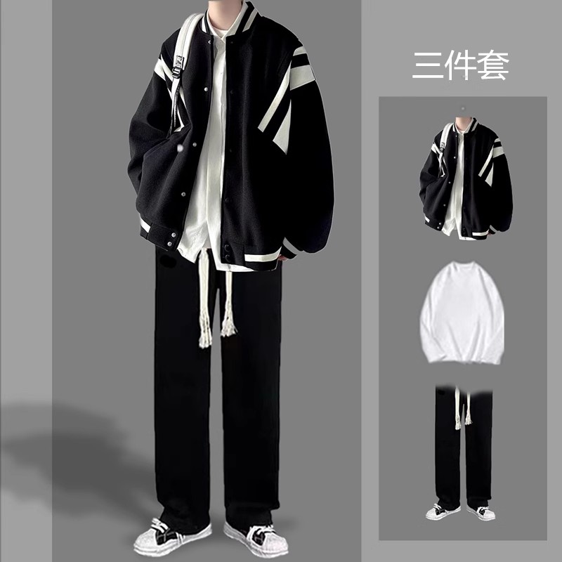 棒球服外套男生潮牌ins宽松痞帅休闲套装男装一套秋冬夹克三件套