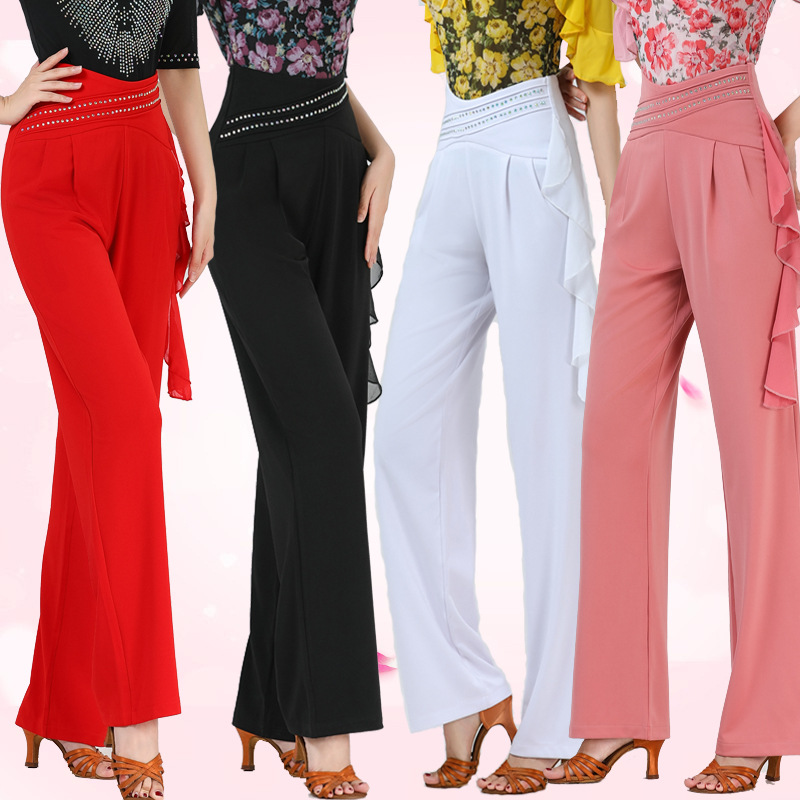 新款重工烫钻跳舞专用裤子拉丁摩登广场吉特巴高腰直筒舞蹈裤女