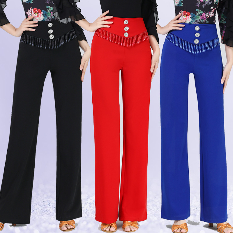 新款珍珠流苏舞蹈裤子女士摩登拉丁广场吉特巴水兵舞高腰表演裤