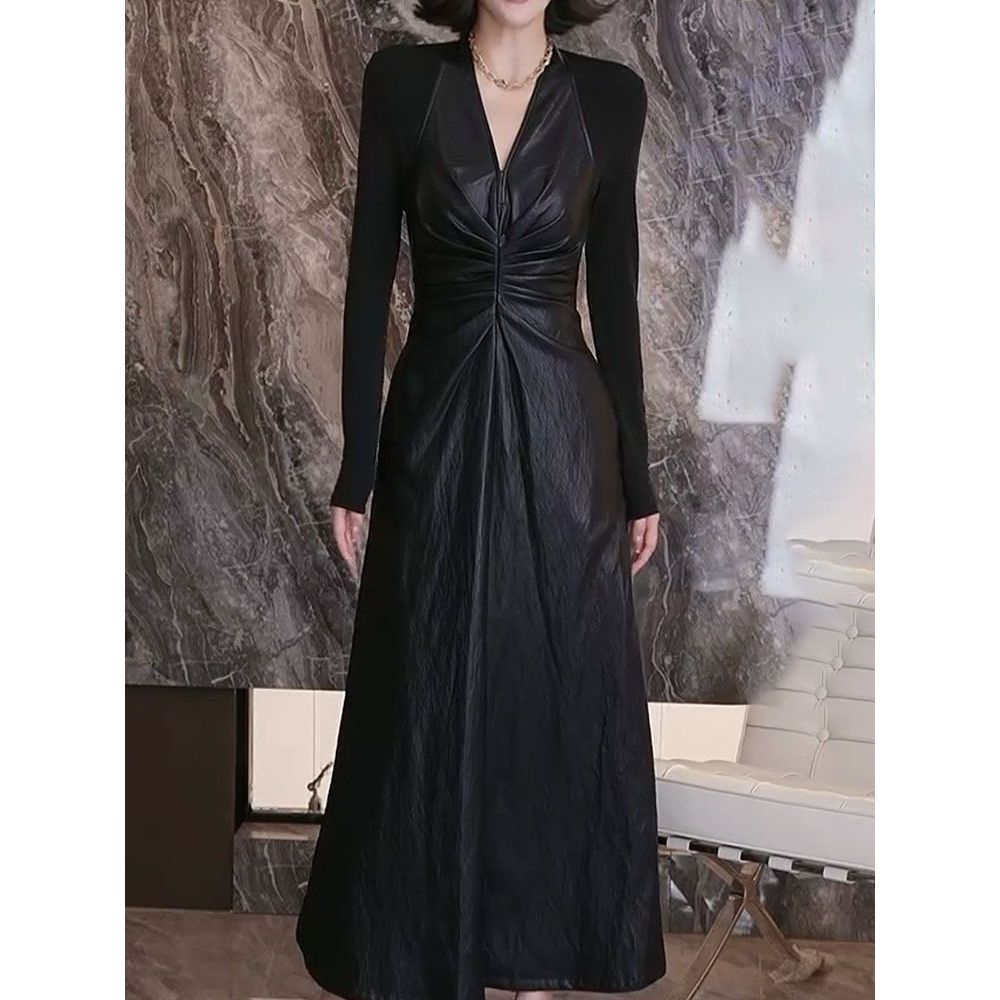 高级感轻奢拼接V领显瘦连衣裙2026春季新款韩系名媛收腰遮肉A字裙