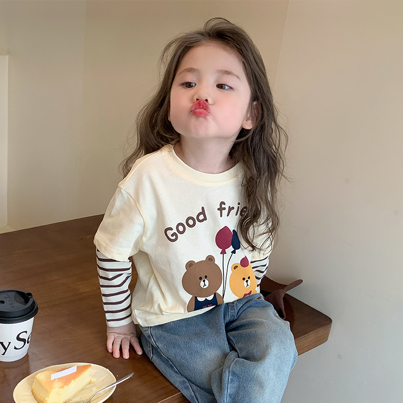 纯棉女童t恤春秋新款儿童洋气秋季长袖上衣女宝宝秋装打底衫小童T