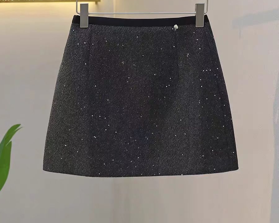 韩系高级拼色亮片裙女秋冬新款高腰显瘦A字包臀短裙洋气裙子