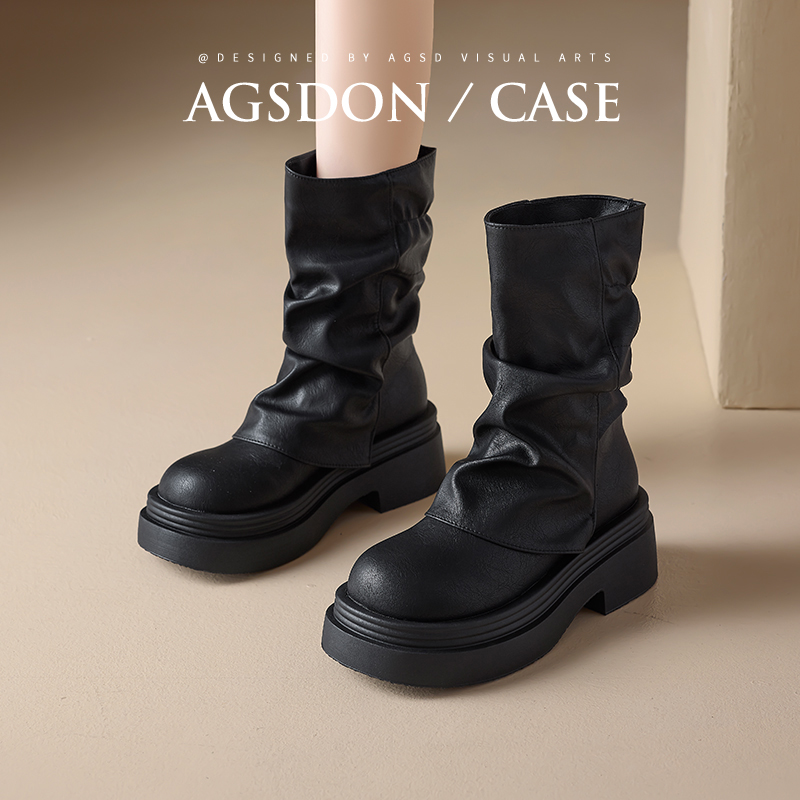 奥古狮登黑色马丁靴女款2025新款秋冬季厚底增高堆堆靴复古中筒靴