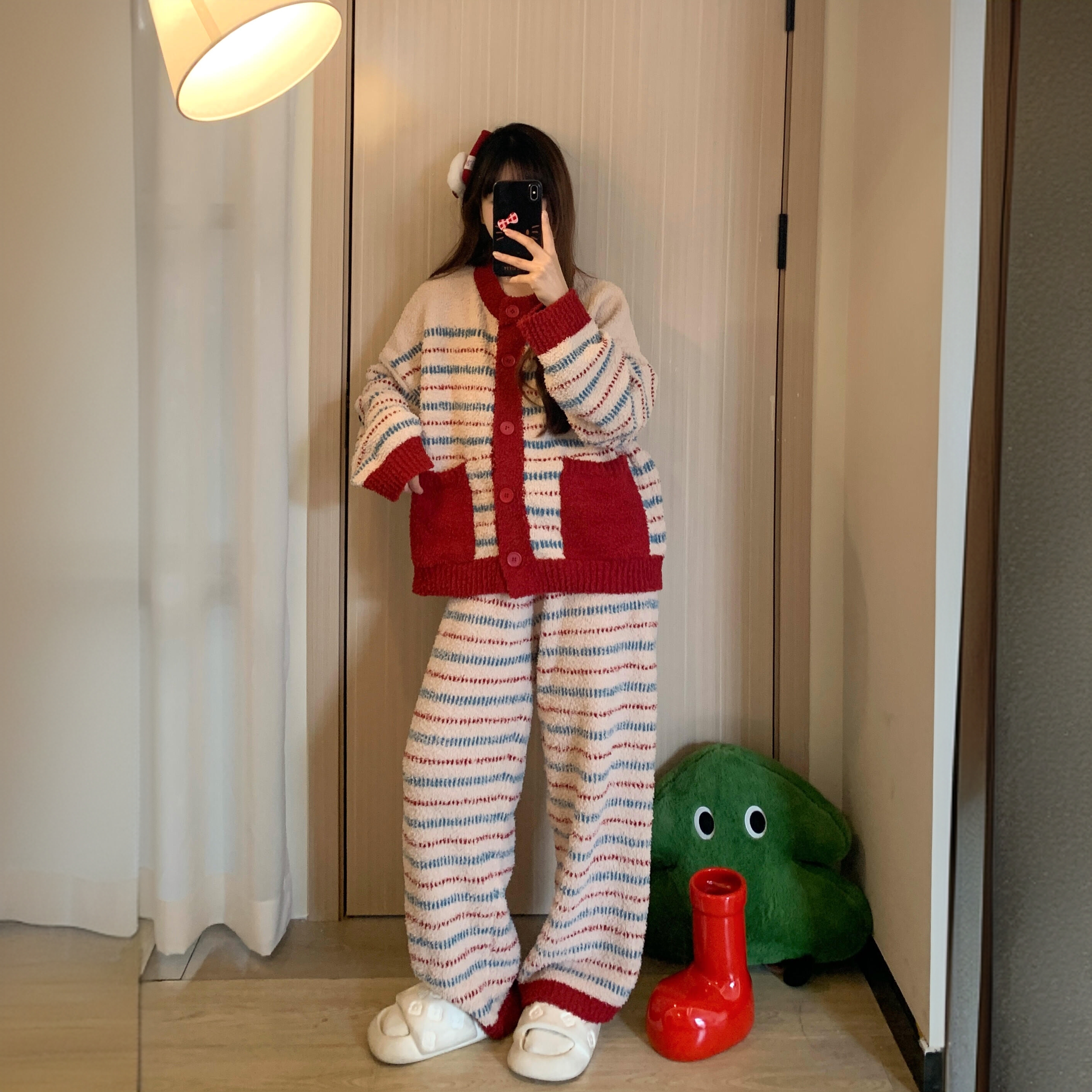 红色复古条纹半边绒大码睡衣女冬季新款加绒加厚本命年家居服套装