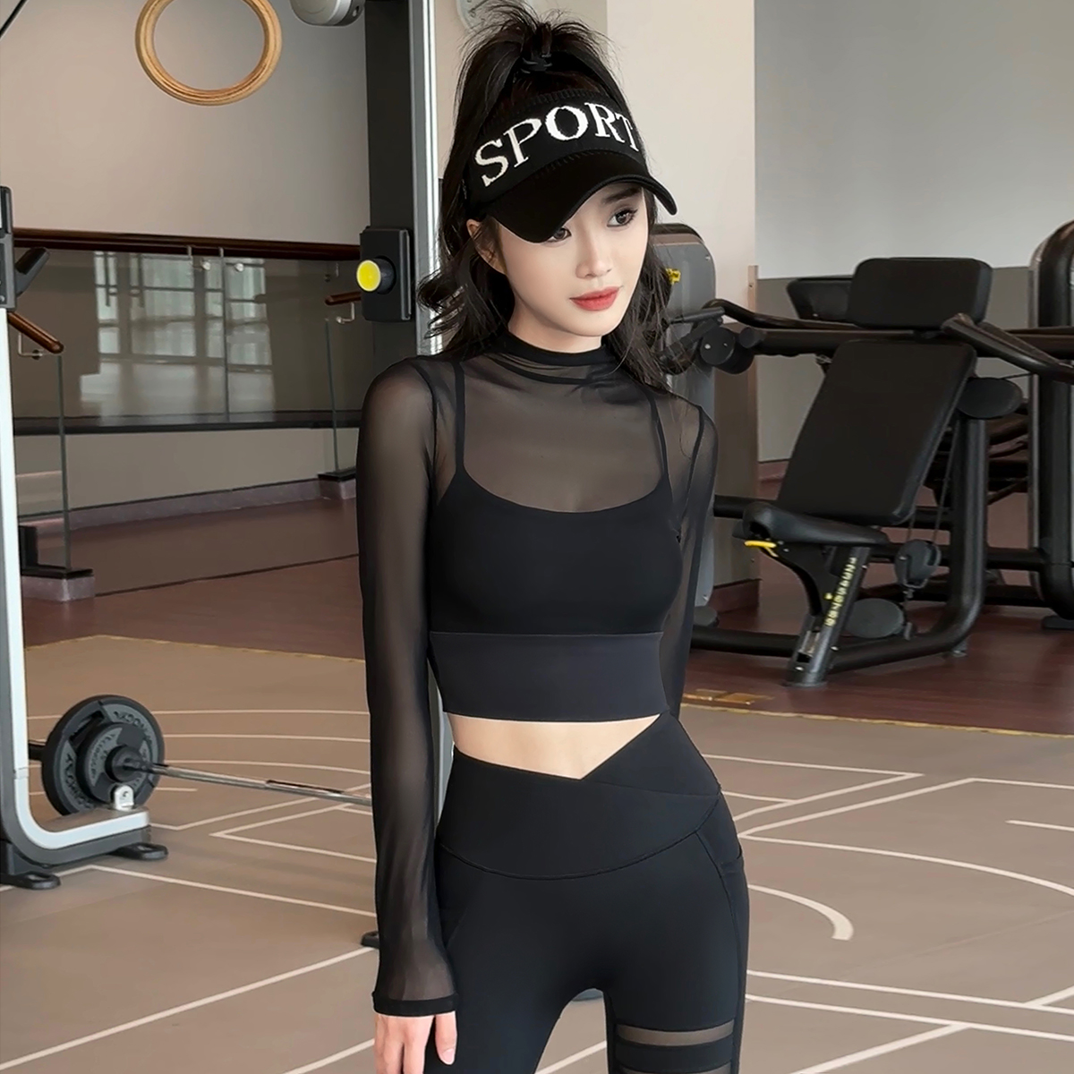 【娇俏千金】33038瑜伽服女春秋季运动上衣跑步健身服修身网纱长袖